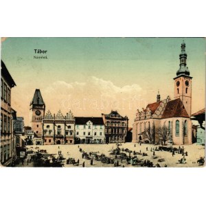 1910 Tábor, Námestí / square, market, shops, church. M. S. P. -1813. (EK)