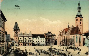 1910 Tábor, Náměstí, trh, obchody, kostel. M. S. P. -1813. (EK)