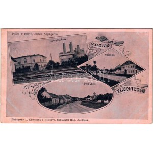 Tlumacov, Cementárna, Námestí, Dolní ulice. Zinkografie L. Klabusaya / cement factory, square, street...