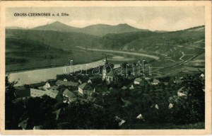 1932 Velké Zernoseky, Gross Tschernosek; Gross-Czernosek a. d. Elbe / veduta generale, chiesa di San Nicola. Fiume Elba...
