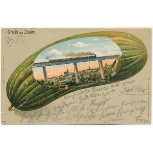 Znaim, Znojmo; Eisenbahnbrücke, Zug, Lokomotive. Verlag Buchhandlung Loos Nr. 257. Art Nouveau...
