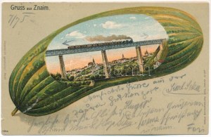 Znojmo, Znaim; železniční most, vlak, lokomotiva. Verlag Buchhandlung Loos No. 257. Secesní...