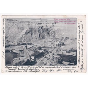 1900 Johannesburg, Goldmine / zlatý důl, průmyslová železnice. Reklama na kávu Franck (EK)