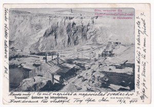 1900 Johannesburg, Goldmine / zlatý důl, průmyslová železnice. Reklama na kávu Franck (EK)