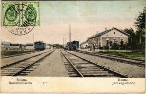 1909 Rauma, Raumo; Rautatienasstation / Järnvägsstation / nádraží, vlak (fl)