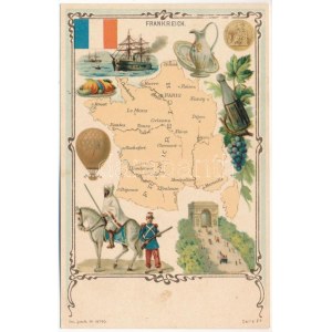 Mappa della Francia, soldato, nave, mongolfiera, vite, Arco di Trionfo. Art Nouveau, litografia