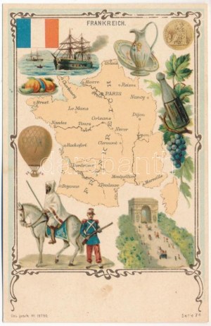 Mapa Francie, voják, loď, balón, vinná réva, Vítězný oblouk. Secese, litografie