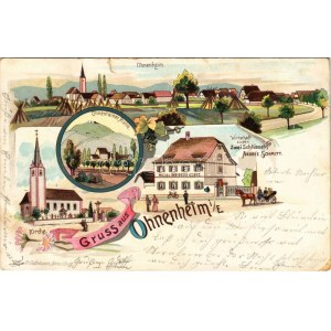 1902 Ohnenheim, Kirche, Wirtschaf zu den Zwei Schüsseln (Andrée Schmitt), Ohnenheimer Mühle / celkový pohled, kostel...