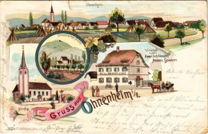 1902 Ohnenheim, Kirche, Wirtschaf zu den Zwei Schüsseln (Andrée Schmitt), Ohnenheimer Mühle / vue générale, église...
