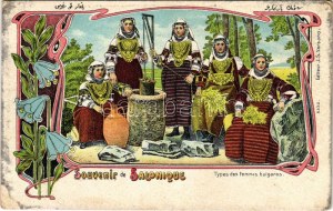Thessaloniki, Saloniki, Salonica, Salonique; Types des femmes bulgares. J.S. Varsano / folklór. Secesia, kvetinové...