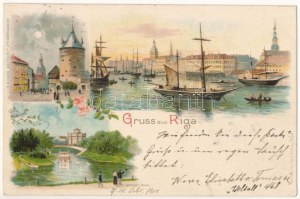1900 Riga, Dunaquai, Pulverthurm, Stadtcanal / Dunajské nábřeží, věž, kanál. Carl Schulz secese, květinová...