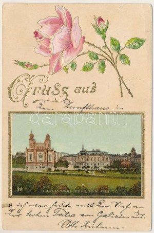 1902 Bielsko-Biala, Bielitz ; synagogue. Lithographie florale gaufrée Art Nouveau (petite déchirure)