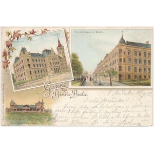 1902 Bielsko-Biala, Bielitz; Sparkassa, Tunelstraße, Sportpavillon / Sparkasse, Straße, Sportpavillon. R...