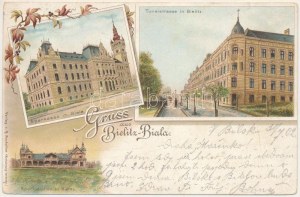 1902 Bielsko-Biala, Bielitz; Sparkassa, Tunelstrasse, Sportpavillon / sporiteľňa, ulica, športový pavilón. R...