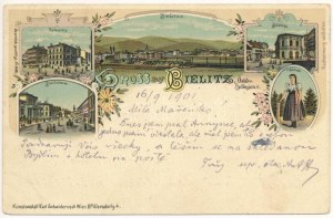 1901 Bielsko-Biala, Bielitz; Töpferplatz, Bleichstrasse, Volkstracht, Stadtberg / námestie, ulica, folklór...