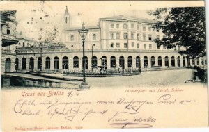 1901 Bielsko-Biala, Bielitz; Theaterplatz mit fürstl. Schloss / divadlo a zámok (EK)