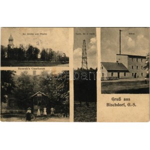 1914 Biskupice, Bischdorf (Oberschlesien); Ev. Kirche und Pfarrei, Turm, Mühle, Nowak's Gasthaus ...