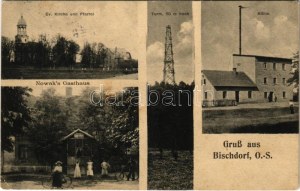 1914 Biskupice, Bischdorf (Oberschlesien) ; Ev. Kirche und Pfarrei, Turm, Mühle, Nowak's Gasthaus ...