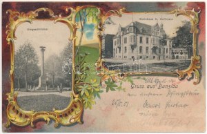 1901 Boleslawiec, Bunzlau; Wohnhaus H. Hoffmann, Siegesdenkmal. Verlag Alwin Wende / Schloss, Siegesdenkmal...