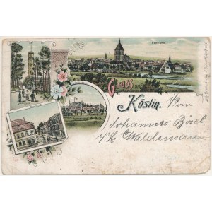 1900 Koszalin, Köslin; Bergstrasse, Gollenthurm / ulice, věž. F. Bärwolff secese, květinový, litografie (slza...