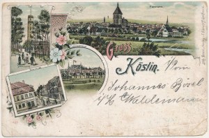 1900 Koszalin, Köslin; Bergstrasse, Gollenthurm / ulica, wieża. F. Bärwolff secesyjny, kwiatowy, litografia (łezka...