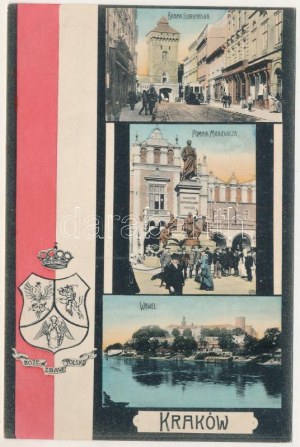 Kraków, Krakkau, Krakkó ; Brama Floryanska, Pomnik Mickiewicza, Wawel / porte, monument, château, tramway...