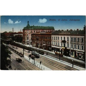 1915 Kraków, Krakkau, Krakkó; Ul. Lubicz / Lubiczgasse / Straßenansicht, Straßenbahn, Geschäfte, Apotheke (EK)