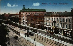 1915 Kraków, Krakkau, Krakkó; Ul. Lubicz / Lubiczgasse / pohled na ulici, tramvaj, obchody, lékárna (EK)