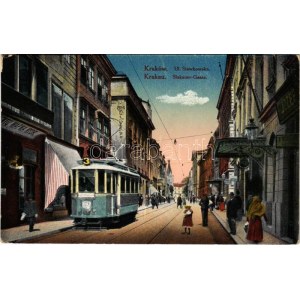 1916 Krakov, Krakkau, Krakkó; Ulica Slawkowska / ulica, električka, obchod (EK)