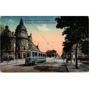 1916 Kraków, Krakkau, Krakkó; Poczta i ul. Starowislna / Postpalast, Straße, Straßenbahn