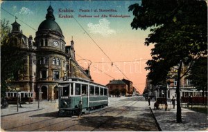 1916 Kraków, Krakkau, Krakkó ; Poczta i ul. Starowislna / palais de la poste, rue, tramways