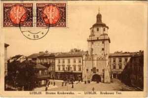 1923 Lublin, Brama Krakowska / Krakauer Tor / mestská brána, obchody Hertzman a Wronski (EB)