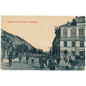 1914 Podgórze, Magistrat i ulica Lwowska / radnica, pohľad na ulicu, obchody. W.L. Bp. 3099. + K. K. Landst.-Baon No. 89....