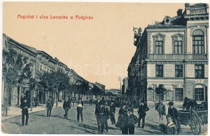 1914 Podgórze, Magistrat i ulica Lwowska / Rathaus, Straßenansicht, Geschäfte. W.L. Bp. 3099. + 