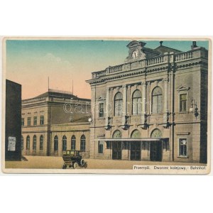1916 Przemysl, Dworzec kolejowy / Bahnhof / railway station, automobile (fl) + K.u.k. Feldpostamt 111...