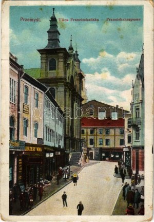 Przemysl, Ulica Franciszkanska / Franziskanergasse / pohľad z ulice, obchody (EB)