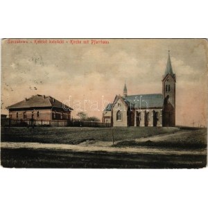 1915 Szczakowa (Jaworzno), Kosciol katolicki / Kirche mit Pfarrhaus / Katolický kostel a fara (opotřebované rohy...