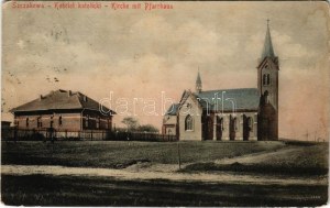 1915 Szczakowa (Jaworzno), Kosciol katolicki / Kirche mit Pfarrhaus / Catholic church and parish (worn corners...