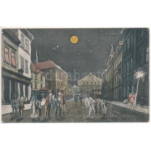 Tarnów w nocy, Droghery, Jozef Kulig, W. Brac. / street at night, shops, drugstore. Montage with drunk men (crease...