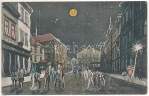 Tarnów w nocy, Droghery, Jozef Kulig, W. Brac. / street at night, shops, drugstore. Montage with drunk men (crease...