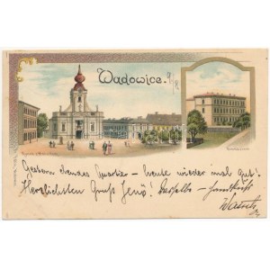 1898 (Vorläufer) Wadowice, Rynek, Gimnazium / piazza, chiesa, scuola. P. Foltin Art Nouveau, litografia (fl...