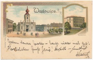 1898 (Vorläufer) Wadowice, Rynek, Gimnazjum / plac, kościół, szkoła. Fr. Foltin secesja, litografia (fl...