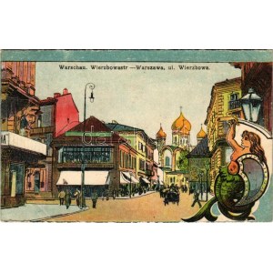 1916 Warszawa, Varsovie, Warschau, Varsovie ; ul. Wierzbowa / vue de la rue, magasins, armoiries (Rb)
