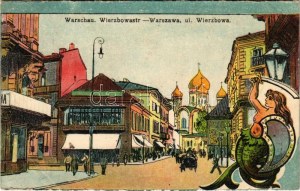 1916 Warszawa, Varsovie, Warschau, Warschau; ul. Wierzbowa / Straßenansicht, Geschäfte, Wappen (Rb)