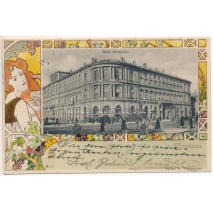 1900 Warszawa, Varsovie, Warschau, Warschau; Hotel Europejski. Naklad St. Winiarskiego, Jugendstil, floral, lithographiert ...