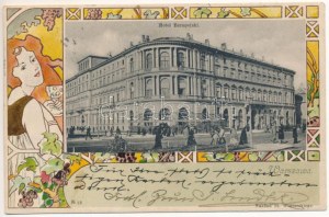 1900 Warszawa, Varsovie, Warschau, Varšava; Hotel Europejski. Naklad St. Winiarskiego, secesní, květinový, litografický ...