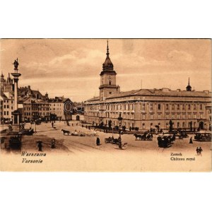 1915 Warszawa, Varsovie, Warschau, Varšava; Zamek / Chateau royal / královský zámek, koňská tramvaj (malá trhlina...