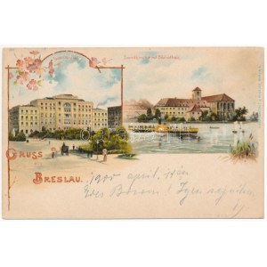 1900 Wrocław, Breslau; Bibliotek, Sandkirche, Tauenzien Platz / kościół, biblioteka. J. Miesler secesyjny, kwiatowy, litografia ...