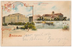 1900 Wrocław, Breslau; Bibliotek, Sandkirche, Tauenzien Platz / kościół, biblioteka. J. Miesler secesyjny, kwiatowy, litografia ...