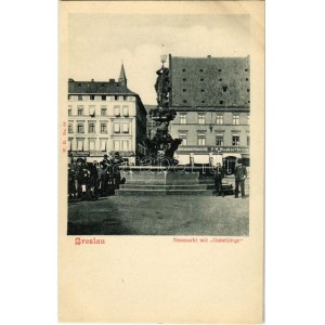 Wroclaw, Breslau, Boroszló ; Neumarkt mit Gabeljürge, Eduard Dura, Hermann Ernst, F.W. Wiesner's Brauerei / square...